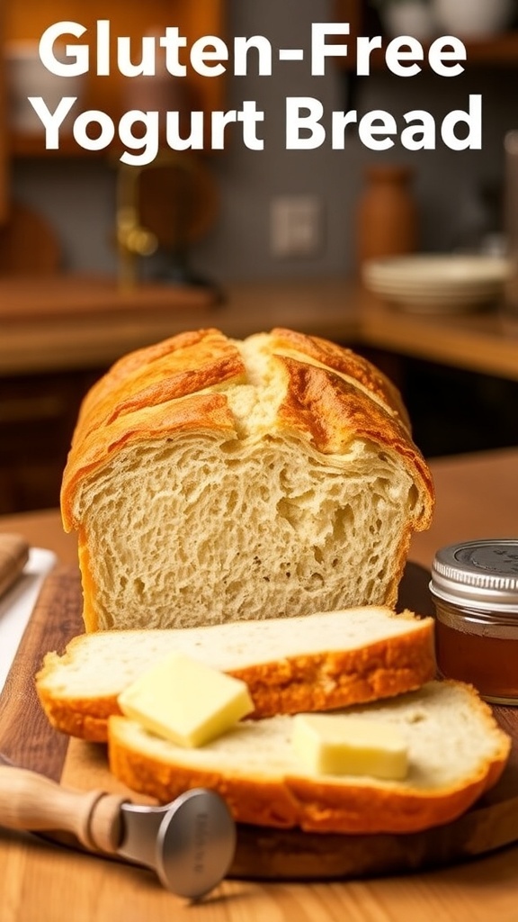 A loaf of gluten-free yogurt bread sliced on a cutting board with butter and honey.